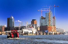 Blick auf die Kehrwiederspitze + Kaiserhöft mit der Baustelle der Hamburger Elbphilharmonie in der Hafencity.