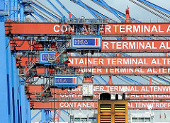 Containerbrücken am Kai des Containerterminals Altenwerder - die Ladung eines Containerfrachters wird gelöscht, einer der Stahlboxen schwebt an der Containerkatze über dem Schiff