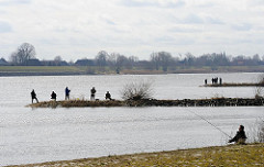 Angler am Ufer der Elbe - Stintsaison hat begonnen, Elbufer Stadtteil Altengamme