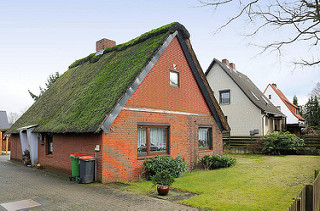 Einzelhäuser mit Spitzdach in Hamburg Hausbruch - Reetdach mit Moos bedeckt - Rasen im Vorgarten.