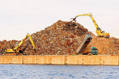 Schrott am Rosskai wartet auf den Abtransport per Schiff - ein Kipplader kippt seine Ladung Schrott auf den Kai - ein Greifbagger schichtet das Altmetall auf einen hohen Berg - Bilder aus dem Hamburger Hafen im Stadtteil Steinwerder.