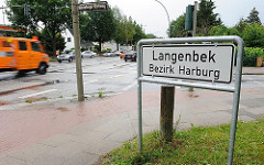 Schild Stadtteilgrenze Hamburg Langenbek, Bezirk Harburg.
