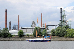 Öltanks und Schornsteine in Hamburg Wilhelmsburg am Ufer der Süderelbe. Auf dem Arm der Elbe fährt ein Katamaran Richtung Unterelbe.