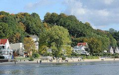 Strand an der Elbe bei Hamburg Blankenese - Sonntagsspaziergang an der Elbe - Wohnhäuser am Elbufer.