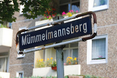 Strassenschild Mümmelmannsberg Balkons mit Blumen.