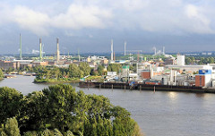 Fotos von dem Hamburger Stadtteil Veddel - Industriegebiet an der Elbe, Industriegebäude und hohe Schornsteine gegen dunklen Regenhimmel.