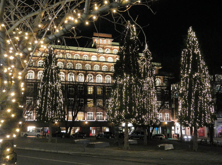 Brunch Weihnachten 2022 Hamburg Foto „Weihnachtlich beleuchtete Bäume in der