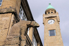 Figur Eisbär  und Pegelturm, Uhrenturm der St. Pauli Landungsbrücken.