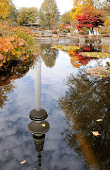 Der Hambuger Fernsehturm spiegelt sich im Wasser eines Teichs in Planten un Blomen - Herbstbäume und Sträucher mit Herbstblättern stehen in der Gartenanlage.