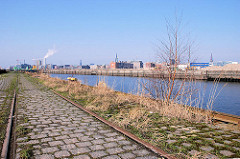 Petersenkai im Hamburger Baakenhafen - Gras und junge Bäume wachsen zwischen den Pflastersteinen und Schienen der Hafenbahn - auf der anderen Seite des Baakenhafens der Versmannkai. (2007)