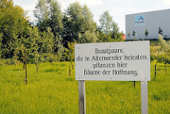 Schild "Brautpaare die in Altenwerder heiraten, pflanzen hier Bäume der Hoffnung. Wiese mit Apfelbäumen - im Hintergrund ein Lagergebäude an der Altenwerder Hauptstrasse.