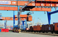 Beladung eines Güterzugs mit Containern im Hafen Hamburgs - Güterbahnhof Burchardkai - Portalkran mit Container.