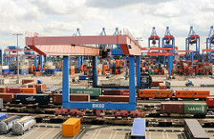Güterbahnhof mit Portalkran auf dem Gelände des Container Terminals Altenwerder - mit Containern beladene Güterzüge stehen auf den Gleisen.