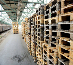 Bahnsteig mit Holzpaletten im ehem. Güterbahnhof Oberhafen der Hamburger Hafencity.