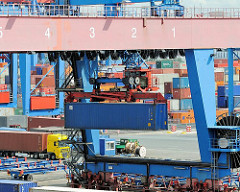 Ein Portalkran am Güterbahnhof Altenwerder transportiert einen Container zu seinem Bestimmungsort.