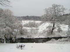 Winter am Lauf der Alster - schneebedeckte Wiesen.