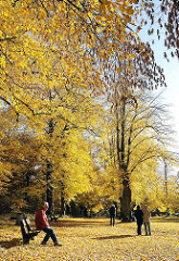 Parkbank und Spaziergänger in de Herbstsonne - Weg beim Wellingsbüttler Torhausweg.