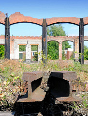 Ruinen des Bahnetriebswerk Hamburg Wilhelmsburg - abgetrennte Bahngleise mit Unkraut / Wildkraut überwucher.