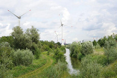 Wiesen und Graben mit Wasser hinter dem Gewerbegebiet von Hamburg Altenwerder - Windkraftanlagen in Hamburg - im Hintergrund die Containerbrücken vom Container Terminal Burchardkai.