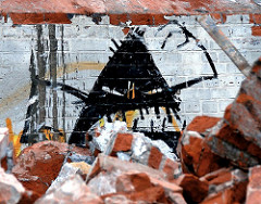 Abrissarbeiten am Baakenhafen, zertrümmerte Mauern / Ziegelsteine; ein petrophaga lorioti hat trotz ausreichender Mahlzeit schlechte Laune.