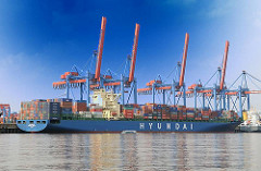 Containerfrachter Hyundai Mercury am Hamburger Containerterminal Altenwerder - die Containerbrücken sind hochgefahren, das Frachtschiff ist abgefertigt worden und legt gleich ab.