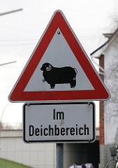 Warnschild für Autofahrer - Schafe im Deichbereich.