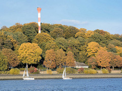Oberfeuer / Leuchtturm zwischen Herbstbäumen an der Elbe in Hamburg Blankenese / Nienstedten; Segelboote im Wind am Ufer der Elbe.