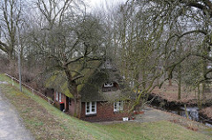 Haus mit Reetdach hinter dem Deich - Treppe mit Geländer zur Strasse - Neulaender Elbdeich