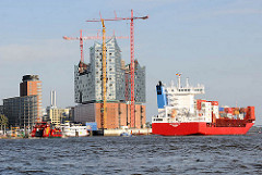 Feederschiff NAVI Baltic mit Containern auf der Fahrt zum Hansahafen - Baustelle der Elbphilharmonie mit Baukränen - Bürogebäude am Kehrwieder in der Hamburger Hafencity.