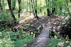 Aus Holzstämmen gefertigte Fussgängerbrücke über den Lauf der Wandse im Hamburger Naturschutzgebiet Stellmoorer Tunneltal.
