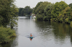 Kanufahrt auf der Doveelbe - Bäume am Ufer des Flusses in Hamburg Reitbrook.