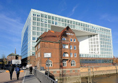 Blick von der Ericusbrücke über den Ericusgraben - Bürogebäude / Spiegel; historisches Hafengebäude an der Drehbrücke.