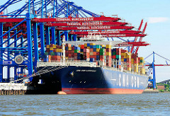 Containerschiff CMA CGM LAPEROUSE unter den Containerbrücken vom Burchardkai in Hamburg Waltershof.