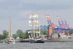 Blick auf die Elbe bei Hamburg Finkenwerder. Containerbrücken des Eurogate Terminals im Waltershofer Hafen.