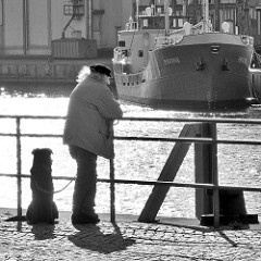 Mann mit Hund blickt über den Hafen von Neustadt in Holstein; das Frachtschiff Pavona liegt am Kai.