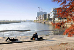 Abendstimmung in der Hamburger Hafencity auf der Marco-Polo-Terasse am Grasbrookhafen; re. die moderne Wohnbebauung am Dalmannkai - im Hintergrund die Baustelle der Elbphilharmonie.