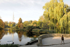 Herbst in der Hansestadt Hamburg - Herbstbäume am Wallgraben in den Hamburger Wallanlagen - im Hintergrund der Hamburger Fernsehturm.