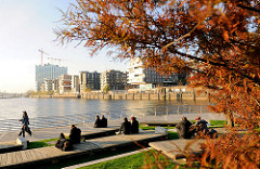 Abendstimmung im Herbst in der Hamburger Hafencity auf der Marco-Polo-Terasse am Grasbrookhafen; re. die moderne Wohnbebauung am Dalmannkai - im Hintergrund die Baustelle der Elbphilharmonie.
