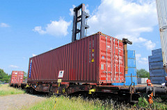Beladen eines Containerzugs in Hamburg Wilhelmsburg - der Schwerlaststabler senkt den Container auf den Flachwagen - die Stahlbox rastet in den Halterungen ein; der Mitarbeiter dirigiert den Staplerfahrer in die richtige Position..