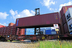 Ein Schwerlaststabler / Gabelstabler transportiert einen Container vom Containerlager zum Güterzug. Langsam wird der Container auf den Flachwagen.