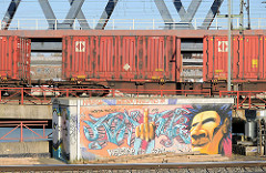 Güterzug mit Containern am Oberhafenkanal - Graffiti "Welcome Hamburg".