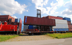Der Fahrer des Schwerlaststablers senkt den Container auf den Güterwaggon / Flachwagen.