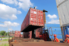 Ein Schwerlaststabler / Gabelstabler transportiert einen Container vom Containerlager zum Güterzug. Langsam wird der Container auf den Flachwagen. Mitarbeiter dirigieren den Fahrer, damit der Container in die im Vordergrund ersichtlichen Halterungen