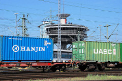 Güterzug mit Containern / Containerwagen auf dem Containerbahnof Alte Süderelbe der Hamburger Hafenbahn - im Hintergrund das Stellwerk / Dispozentrale.