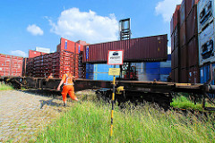 Ein Schwerlaststabler / Gabelstabler transportiert einen Container vom Containerlager zum Güterzug. Ein Arbeiter in Warnkleidung dirigiert den Stablerfahrer.