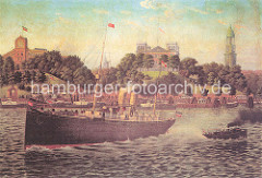 Dampfschiff und Barkasse unter Dampf auf der Elbe vor den St. Pauli Landungsbrücken ca. 1890; im Hintergrund lks. das Hamburger Seemannshaus - erbaut 1868; in der Mitte das Gebäude der Seewarte auf dem Stintfang + re. der Turm der St. Michaeliski