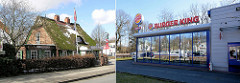 Langenhorner Chausse / Ecke Tarpen; Reetdachhaus, Restaurant Heimbuche - Biergarten (2006). Neubau Fastfoodrestaurant / Drive In mit Spiegelglasscheiben.
