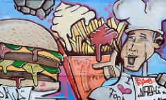 Graffiti - Koch und Pommes Frites rot / weiss.