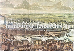Darstellung der Hamburger Speicherstadt aus der Luft - hinter den Dächern der Hamburger Häuser liegt der Binnenhafen und Zollkanal, rechts die Niederbaumbrücke. Dahinter die Lagergebäude des Hamburger Freihafens.
