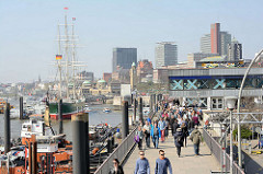 Promenade an der Elbe in Hamburg - Spaziergänger am Wasser; Schlepper liegen am Ufer. Im Hintergrund das Museumsschiff Rickmer Rickmers und die Skyline von Hamburg St. Pauli.